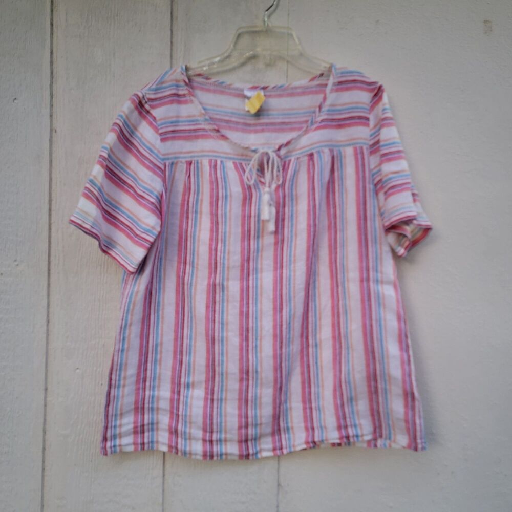 Lands End Multicolor Striped 100% Linen Short Sleeve Tie Neck Wmns Sz 14